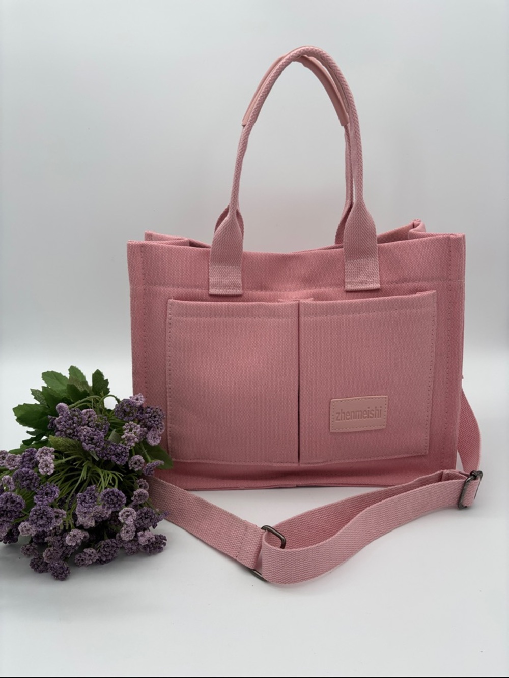 Pink Canvas Tote Crossbody Bag Multi Pocket Organizer Purse Zhenmeishi